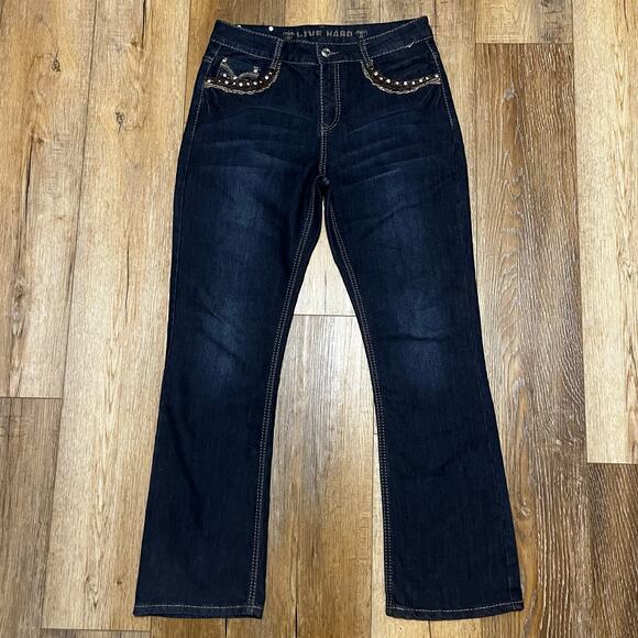 Live Hard Womens Bling Embellished Bootcut Jeans Sz 10 32x30 Cowboy Western Boho - Picture 1 of 11